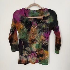 Vintage Dragon Lion Tie Dye Henley Top Made in Belgium 90s Y2K